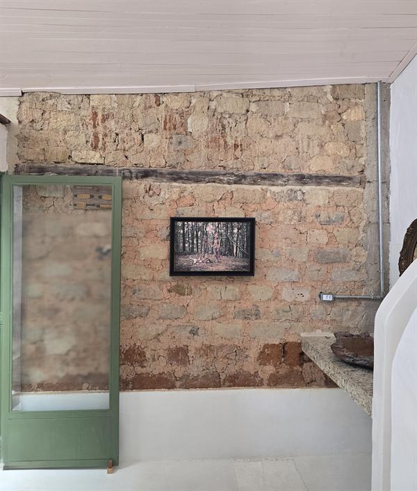 Porta verde e parede de pedra e tijolos com uma obra de arte pendurada