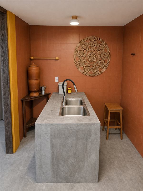 Cozinha com bancada de cimento, parede terracota e filtro de barro